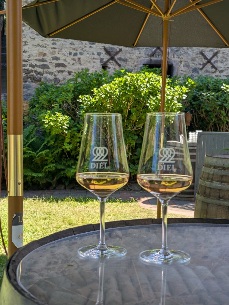 Weingläser bei der Weinprobe im Schlossgut Diel an der Nahe